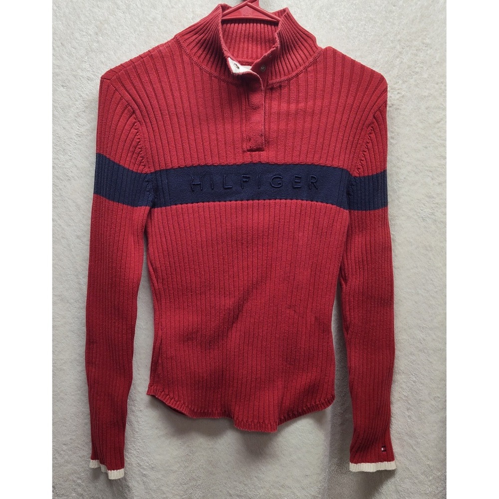 Sweater Med Tommy Hilfiger ribbed knit preppy Y2K old money raised logo stretch